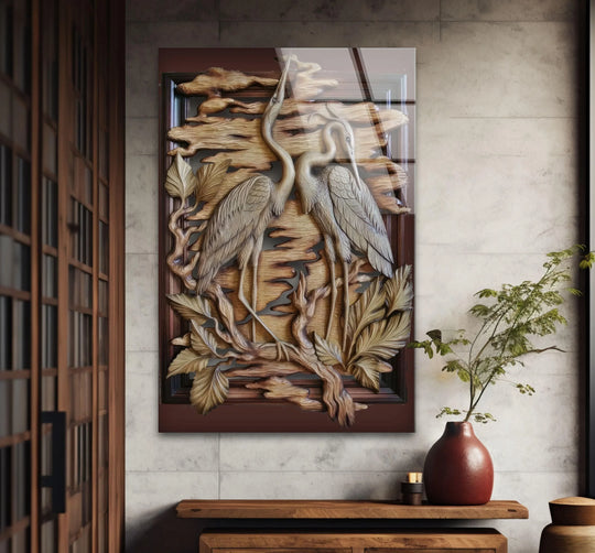 A wooden carved panel of two storks transitions from warm brown wood tones to soft grays and whites in this wall art print.