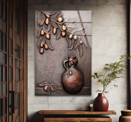 Textured bronze olive art glass wall art with a vintage pitcher offers rustic home decoration.
