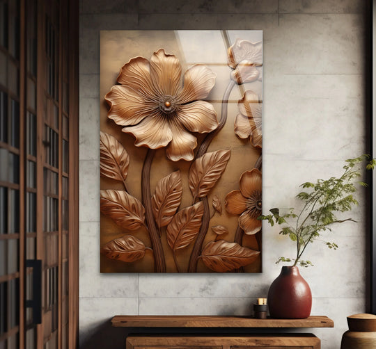 A rectangular glass wall art decor features a dimensional bronze flower with petal-like shapes and a round center.