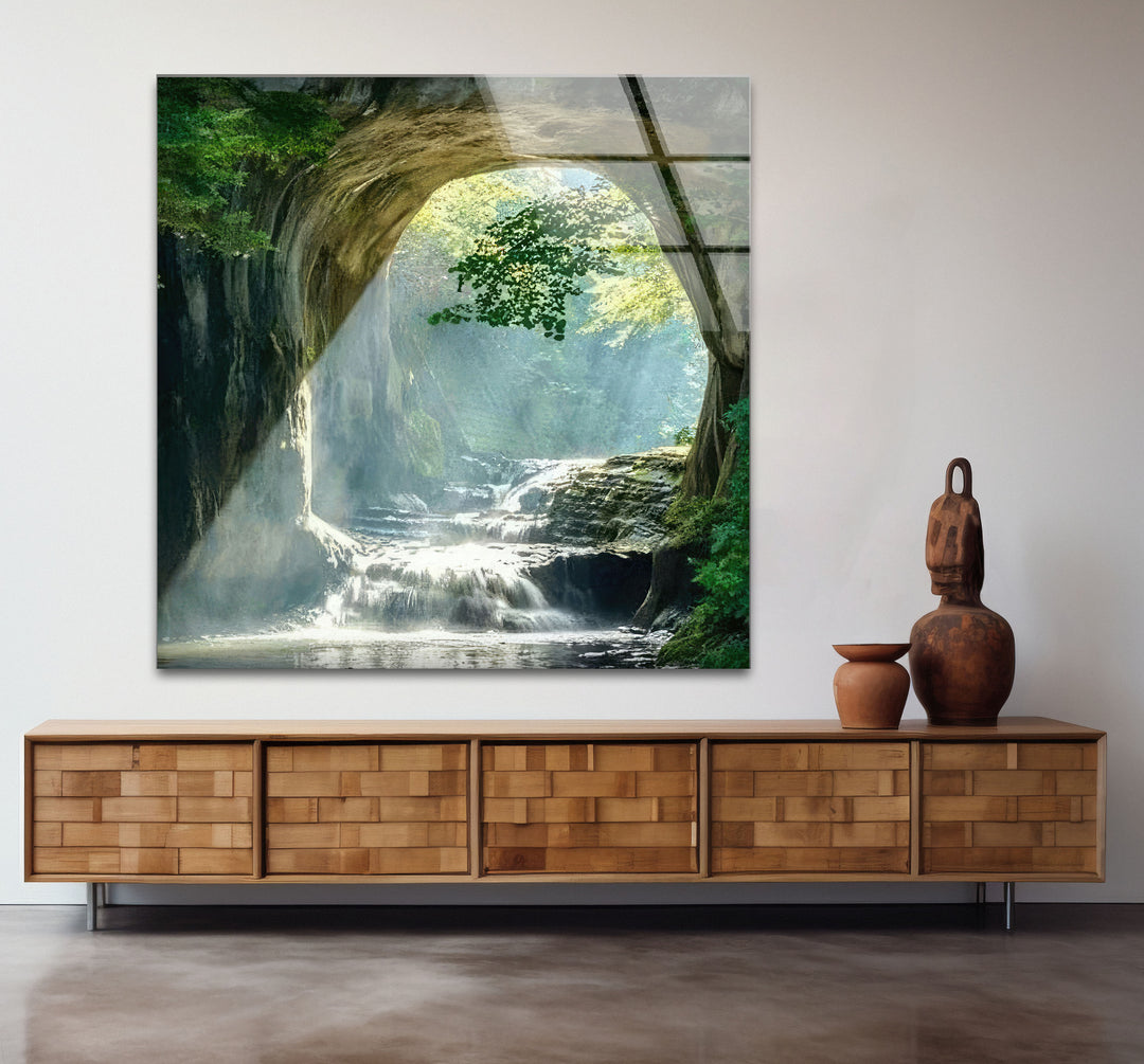 Wald-Wasserfall-Bogen-Wandkunst – Ruhige Naturszene Glasdruck