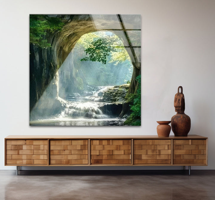 Wald-Wasserfall-Bogen-Wandkunst – Ruhige Naturszene Glasdruck