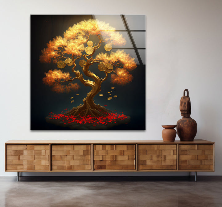 Goldener Geldbaum als Wanddekoration – Symbol für Wohlstand und Reichtum aus Glas