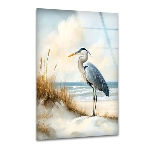 Coastal Watch – Heron by the Shore Glass Wall Art - MyPhotoStation