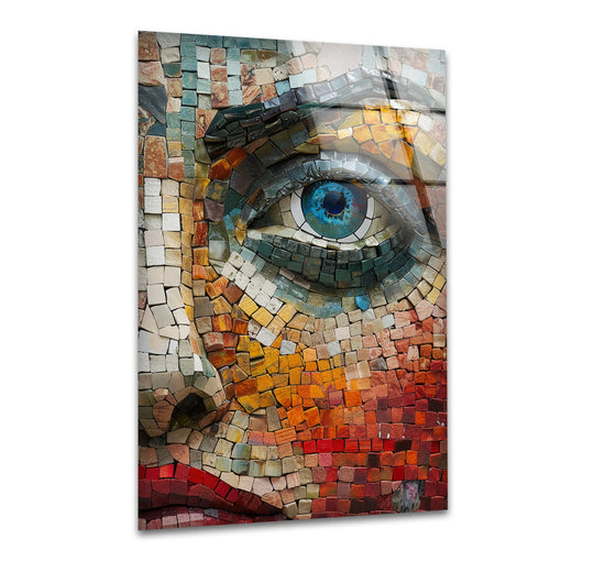 An expressive stained female face mosaic glass wall art print captures a contemplative and artistic mood.