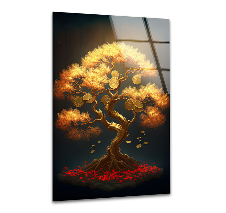 Goldener Geldbaum als Wanddekoration – Symbol für Wohlstand und Reichtum aus Glas