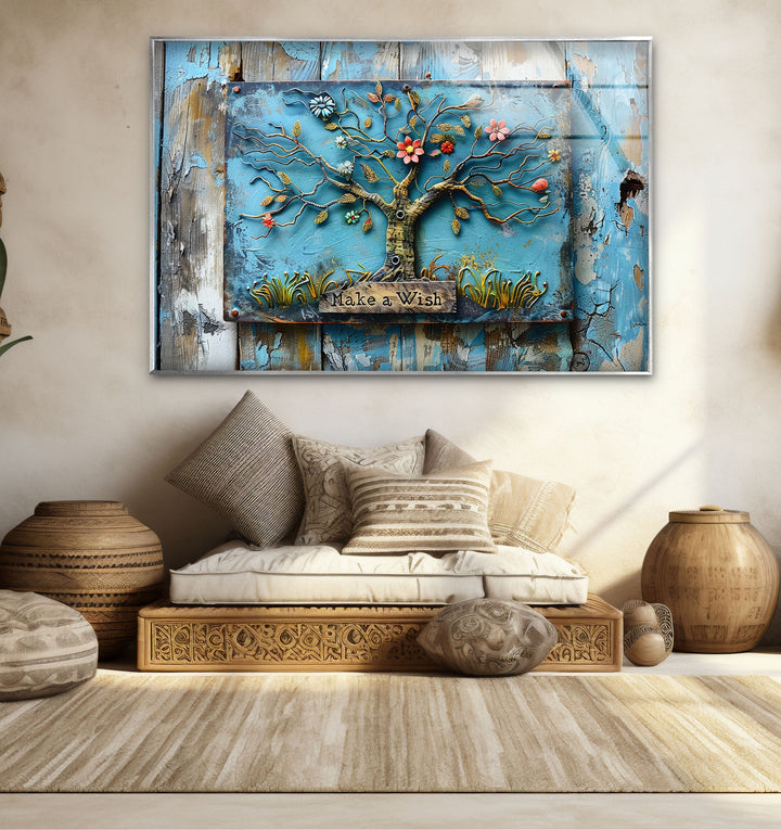 Blue Wood Details Tree Glass Wall Art large glass photo prints, glass wall photos
