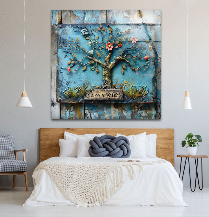 Blue Wood Details Tree Glass Wall Art photo print on glass, prints on glass wall art
