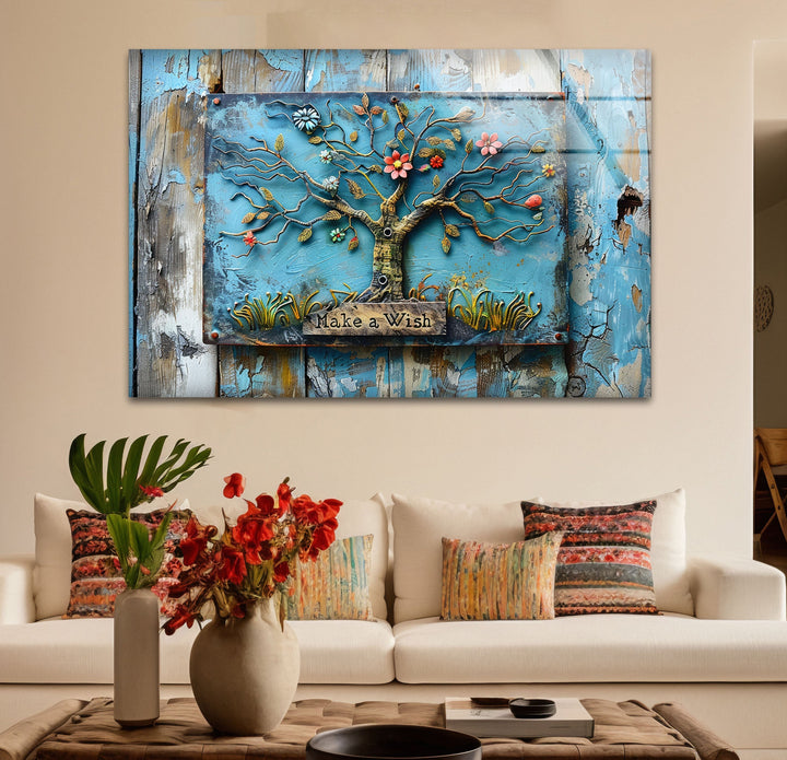 Blue Wood Details Tree Glass Wall Art custom glass pictures, glass art prints

