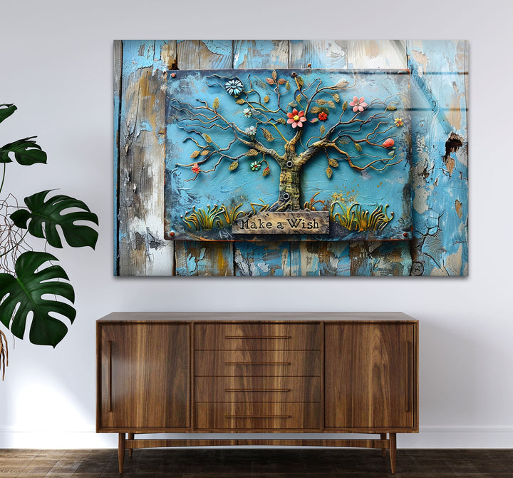 Blue Wood Details Tree Glass Wall Art stained glass wall art, stained glass wall decor
