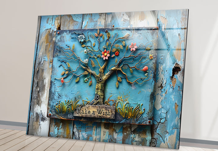 Blue Wood Details Tree Glass Wall Art glass wall decor, glass wall art decor
