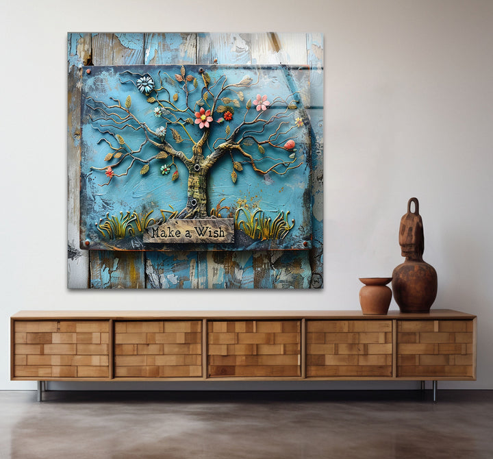 Blue Wood Details Tree Glass Wall Art glass art painting, glass art for the Wall
