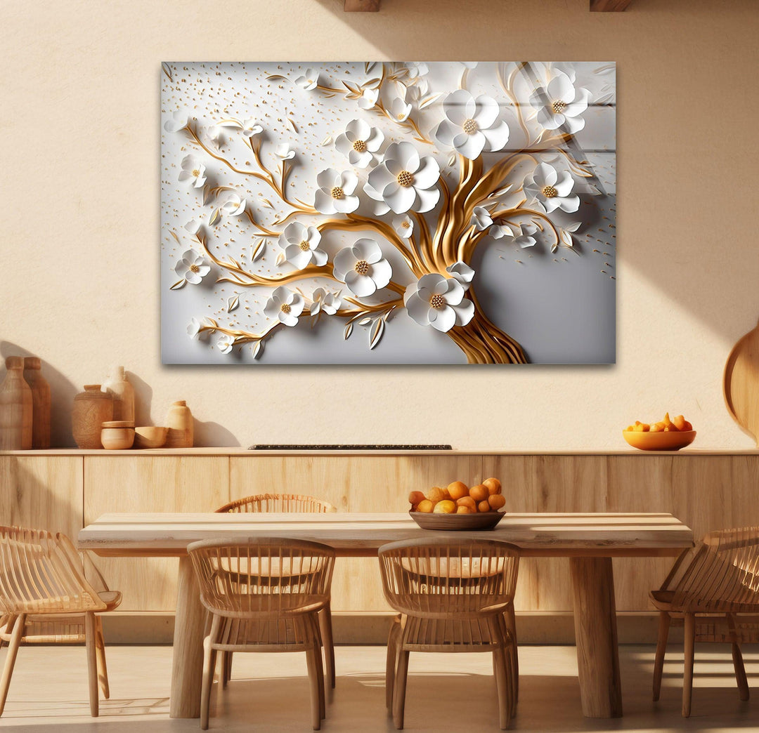 Gold and White Flower Tree Glass Wall Art glass photo prints, glass picture prints
