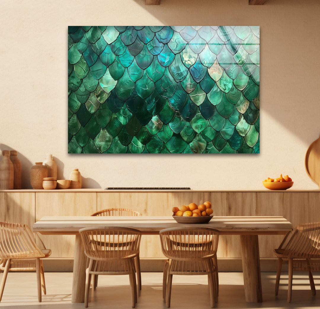 The color saturation in this abstract emerald scale texture glass wall art is incredibly vibrant, adding a rich depth to modern home decor.