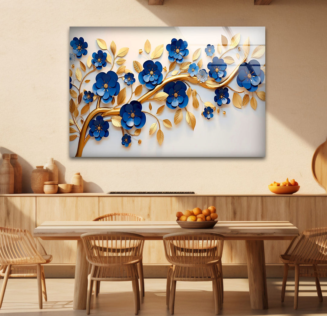 Navy Blue with Golden Details Glass Wall Art glass pictures for Wall, glass prints wall art
