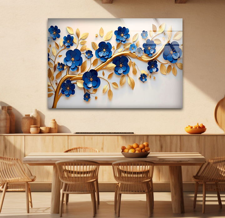 Navy Blue with Golden Details Glass Wall Art glass pictures for Wall, glass prints wall art
