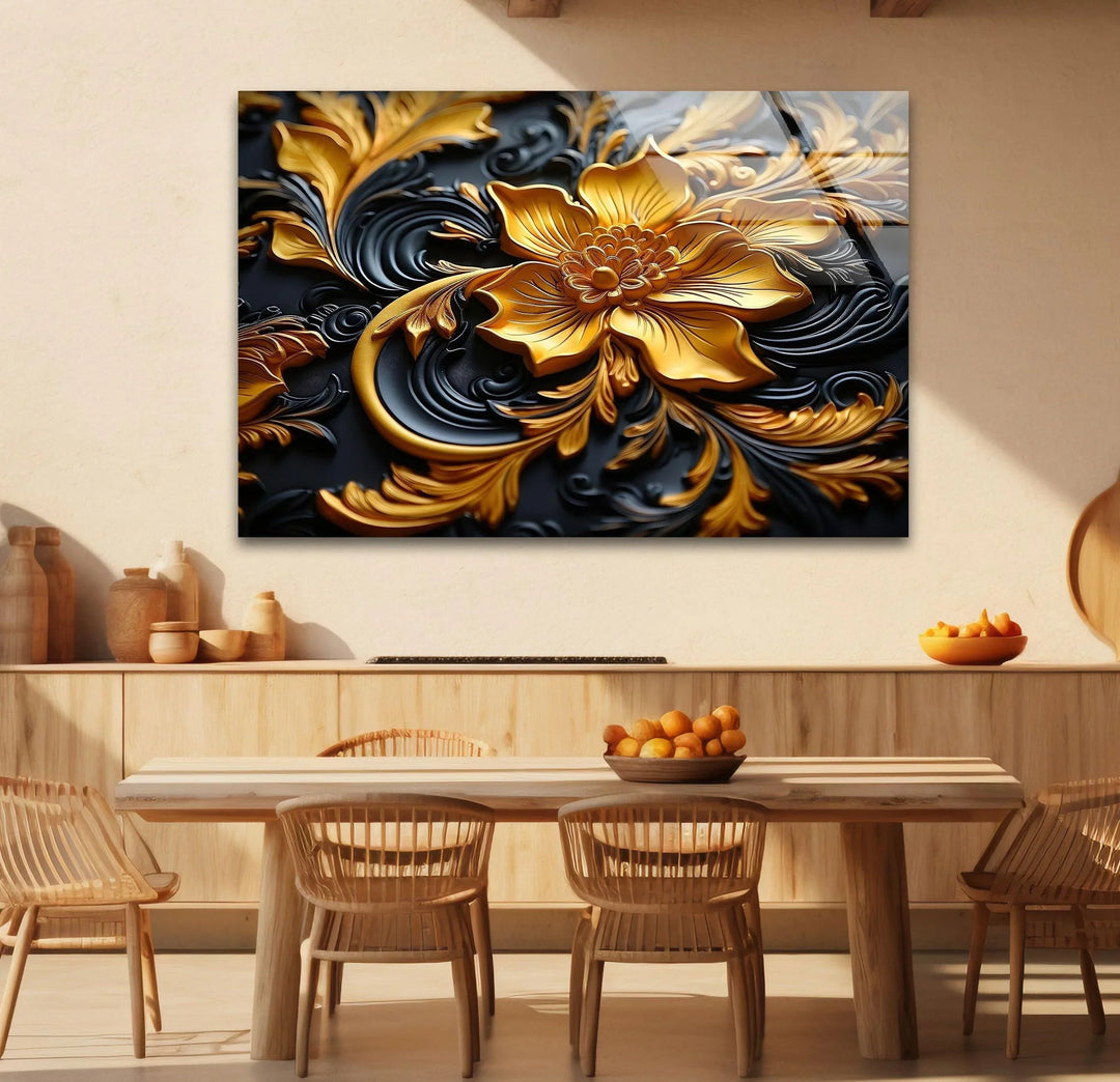 Botanical Gold & Black Flower Glass Wall Art custom glass photo prints, large glass prints

