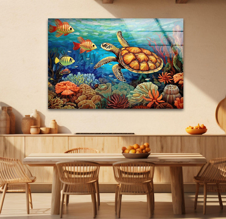 Sea Turtle & Fishes Underwater Glass Wall Art custom glass pictures, glass art prints
