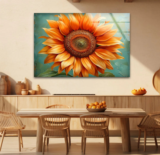Oil Painting Orange Sunflower Glass Wall Art picture on glass wall art, photos printed on glass

