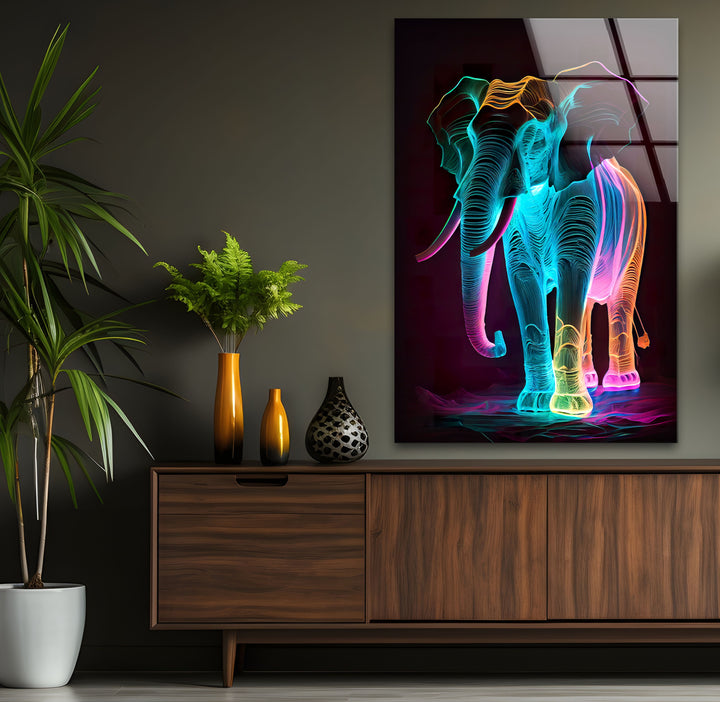 Neon Elephant Wall Art – Vibrant Abstract Animal Glass Print Decor