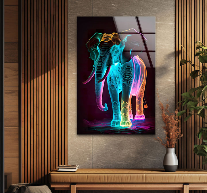 Neon Elephant Wall Art – Vibrant Abstract Animal Glass Print Decor