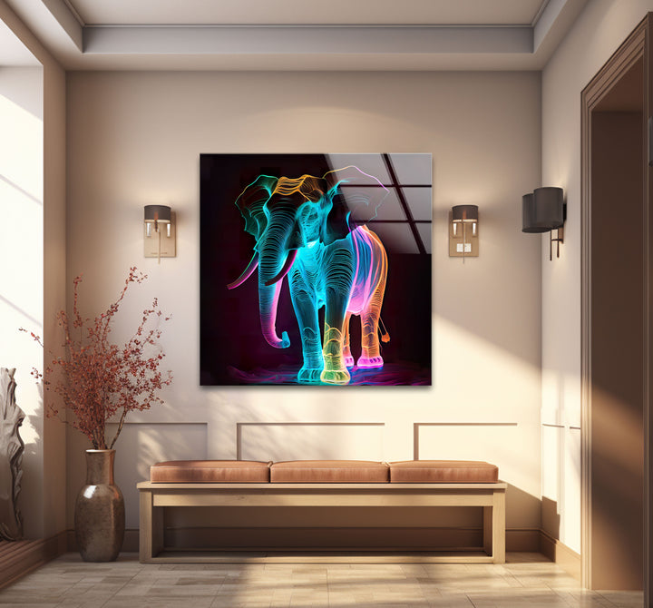 Neon Elephant Wall Art – Vibrant Abstract Animal Glass Print Decor