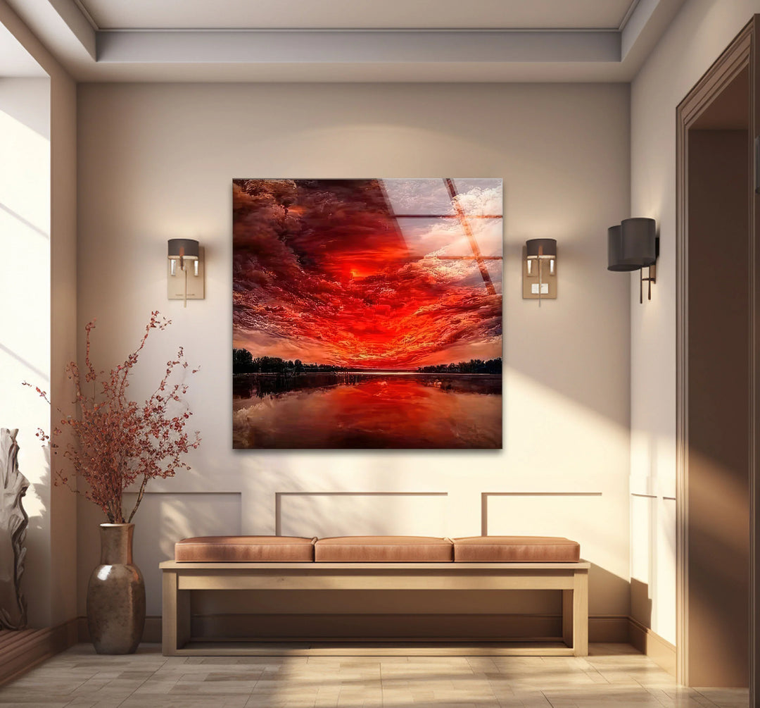 Fiery Sunset Sky Glass Wall Art – Dramatic Red Clouds Over Water Landscape - MyPhotoStation