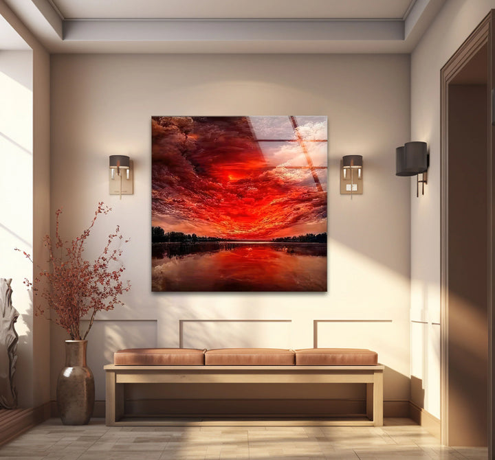 Fiery Sunset Sky Glass Wall Art – Dramatic Red Clouds Over Water Landscape - MyPhotoStation