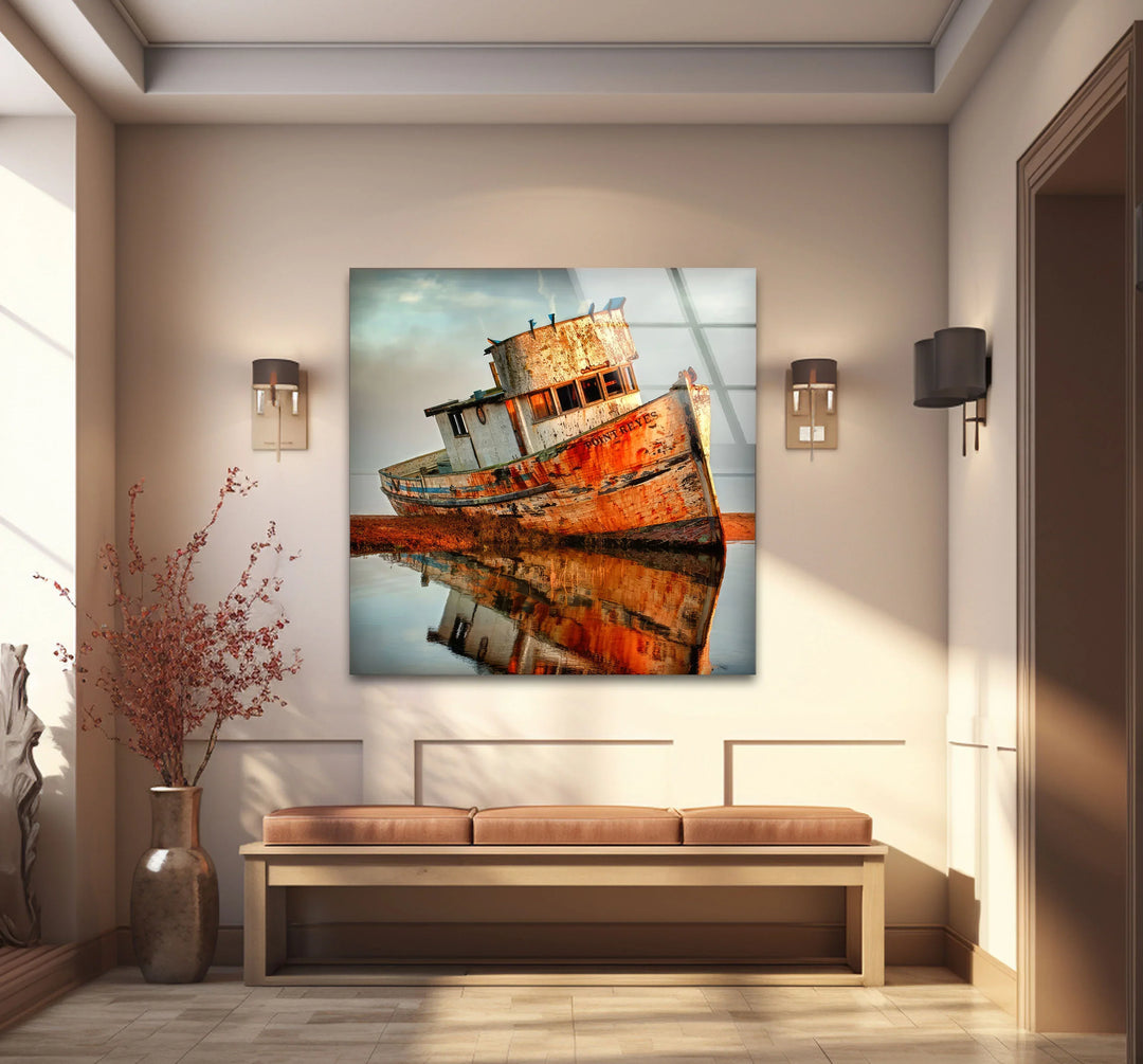 Rustic Abandoned Boat Glass Wall Art – Reflections of Time Nautical Print - MyPhotoStation