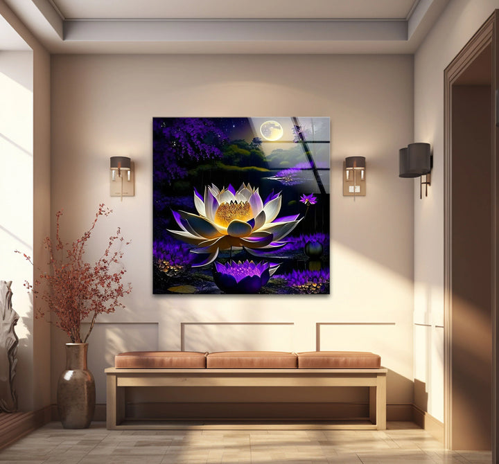 Moonlit Purple Lotus Glass Wall Art – Mystical Night Bloom Floral Print - MyPhotoStation