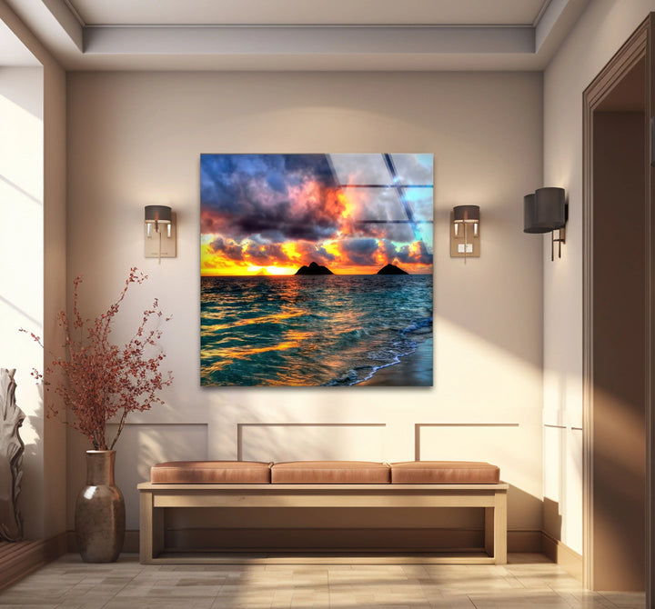 Tropical Sunset Beach Scene – Ocean Wave Glass Wall Art with Island Silhouette - MyPhotoStation