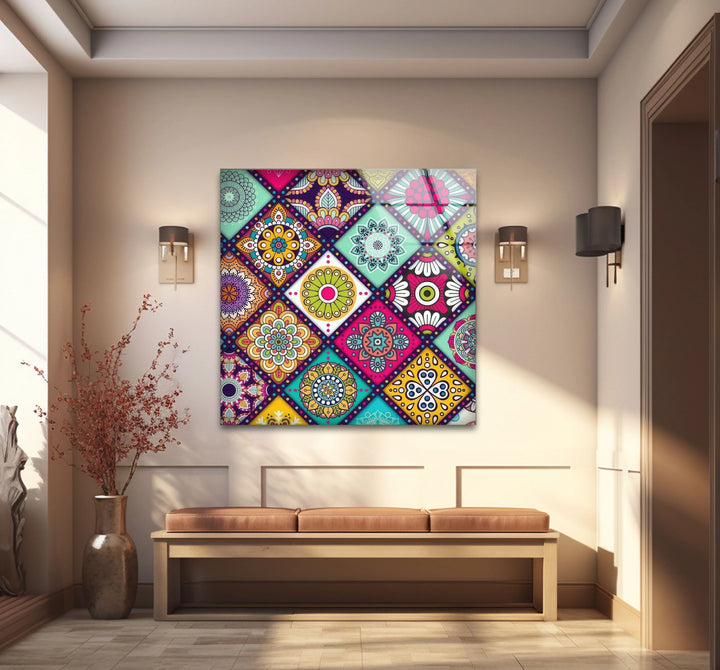 Bohemian Mandala Glass Wall Art – Colorful Mosaic Pattern for Eclectic Interiors - MyPhotoStation