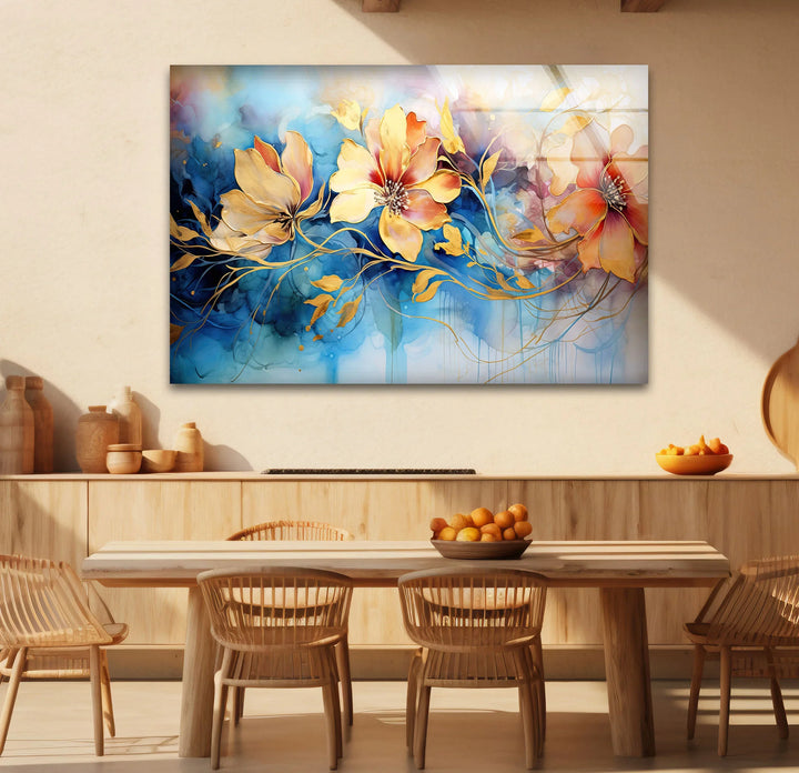Golden Floral Fantasy Wall Art – Abstract Blue and Yellow Flower Glass Print for Elegant Interiors - MyPhotoStation