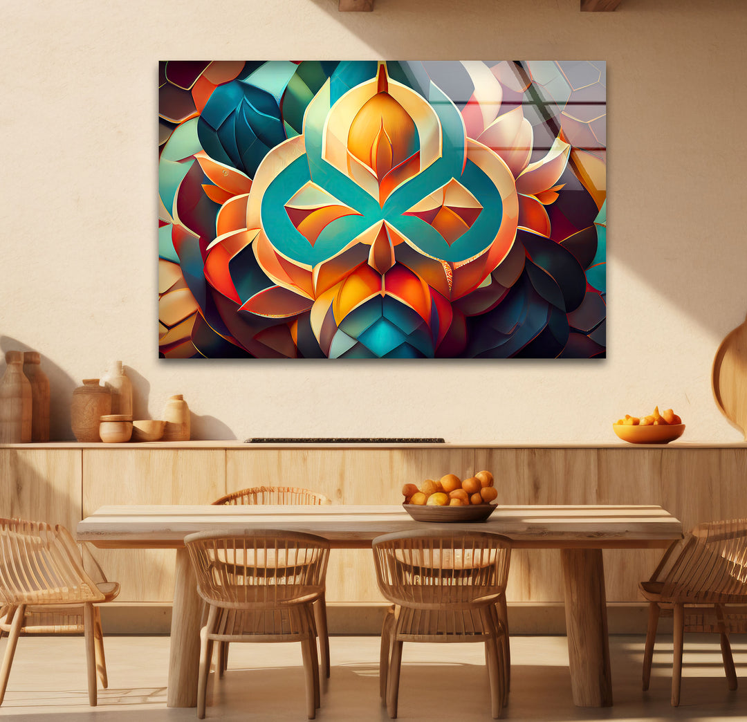 3D Geometric Mandala Glass Wall Art – Vibrant Abstract Lotus Design