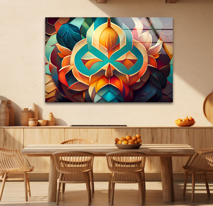 3D Geometric Mandala Glass Wall Art – Vibrant Abstract Lotus Design