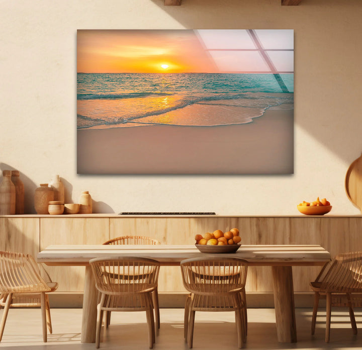 Tranquil Sunset Beach Wall Art – Coastal Ocean Waves with Soft Orange Glow - MyPhotoStation