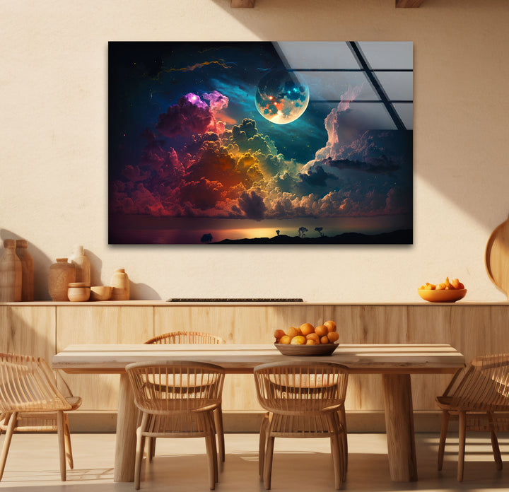 Verträumte Mondaufgang-Wandkunst – Fantasy-Himmel und Wolken-Glasdruck