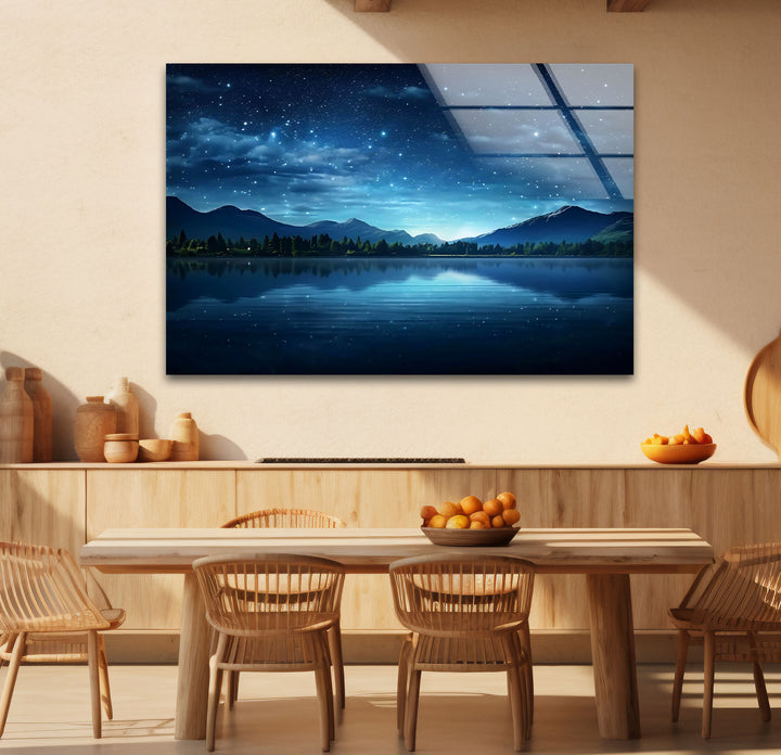Starry Night Lake Wall Art – Tranquil Mountain Reflection Glass Print for Interior Elegance