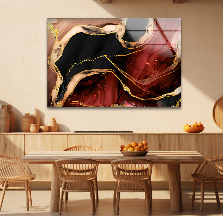Red and Black Abstract Wall Art – Luxury Marble Glass Print with Gold Accents