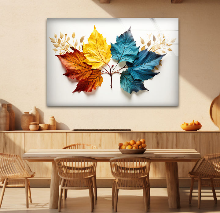 Colorful Autumn Leaves Wall Art – Modern Botanical Glass Print with Red, Yellow, and Blue Foliage