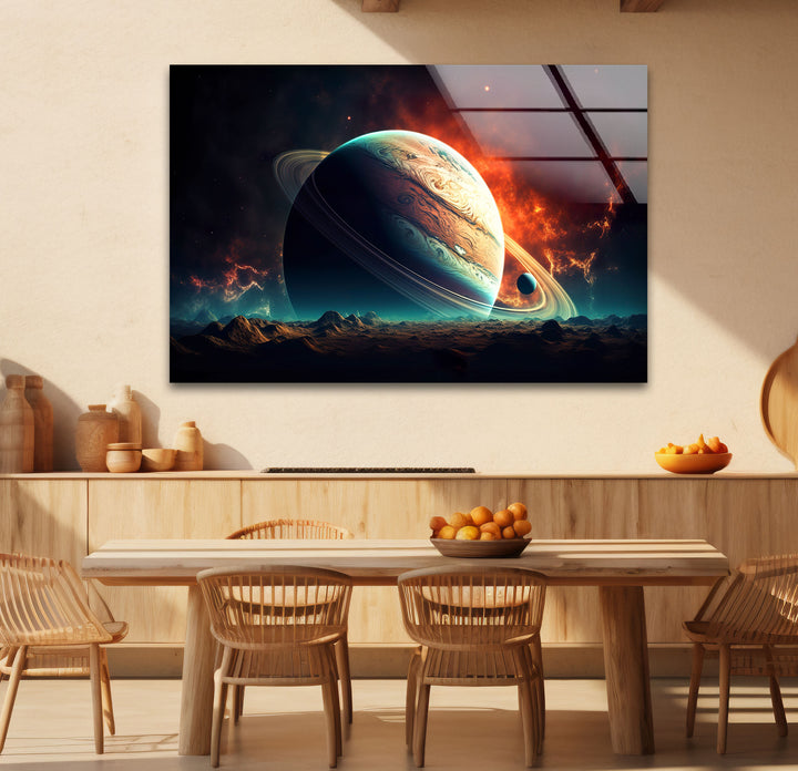 Saturn über fremdem Horizont – Planetenlandschaft, Glaswandkunst 