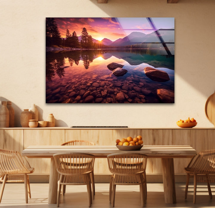 Bergsee Sonnenuntergang Wandkunst – Ruhige Natur Glas Landschaft Dekor
