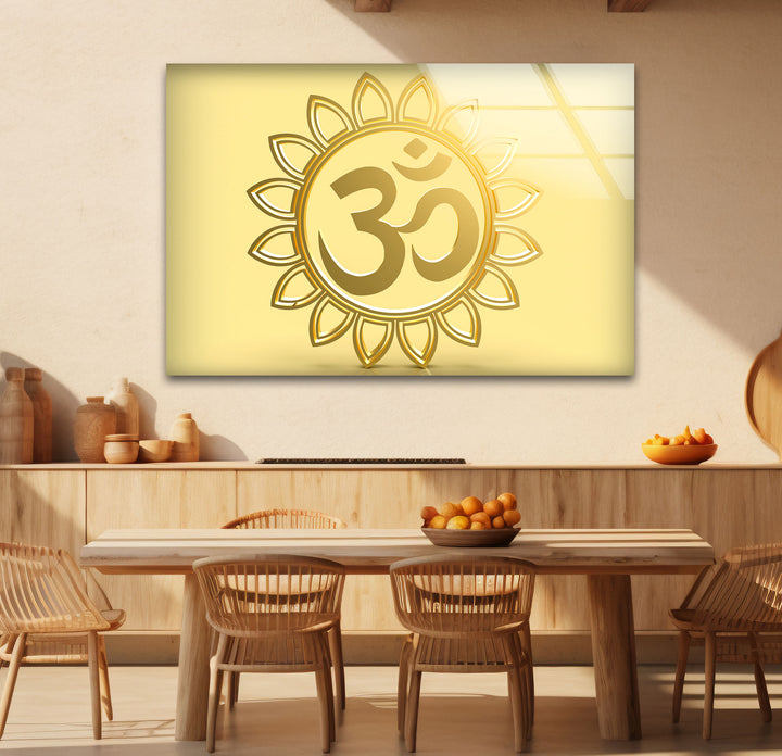 Goldenes Om-Symbol Wandkunst – Spirituelles Hindu-Dekor Glasdruck
