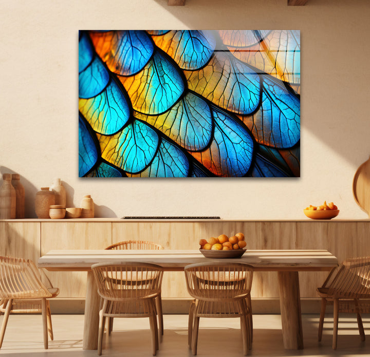 Blue Gold Leaf Texture Wall Art – Abstract Nature Pattern Glass Print