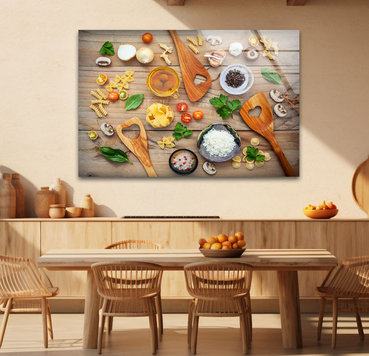 Rustic Italian Kitchen Wall Art – Culinary Glass Print Featuring Pasta, Spices & Wooden Utensils