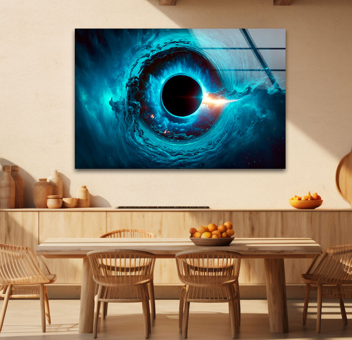 Wandkunst mit kosmischem schwarzen Loch – Blaues Wirbel-Galaxie-Glasdruckdekor 