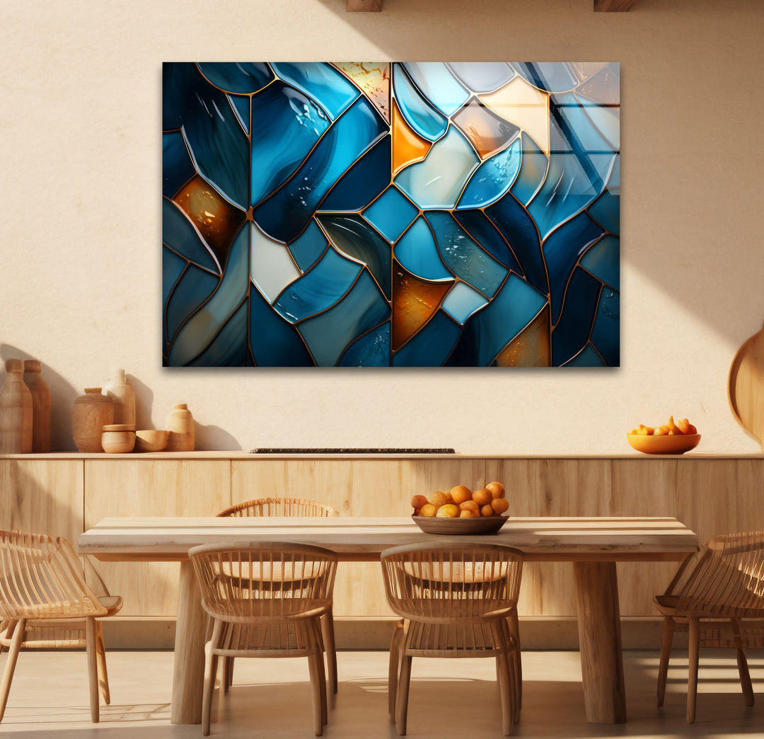 Blue Stained Glass Wall Art – Abstract Mosaic Glass Print Decor