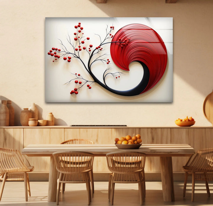 Red Abstract Botanical Wall Art – Modern Glass Decor with Cherry Elements - MyPhotoStation