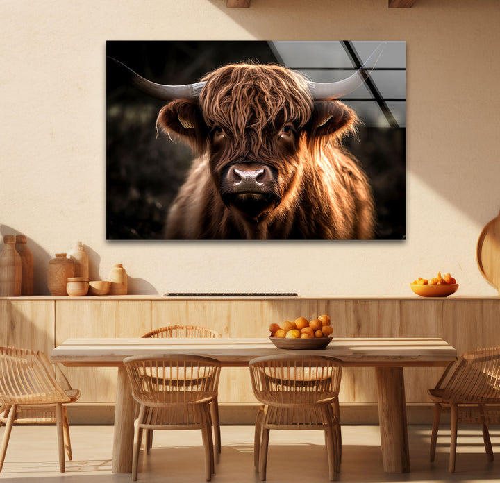 Highland Cow Wall Art – Rustic Brown Longhorn Glass Print Décor
