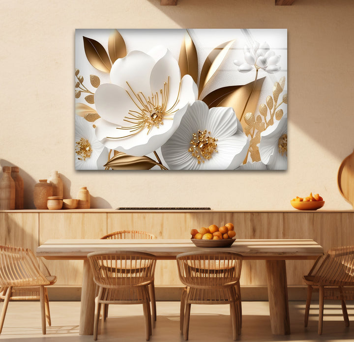 Elegant White and Gold Floral Wall Art – Luxury Botanical Glass Print for Sophisticated Decor