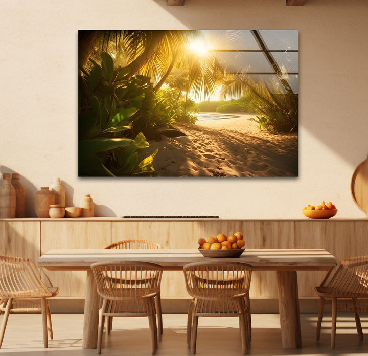 Golden Forest Beach Wall Art – Tropical Palm Tree Pathway Glass Print for Tranquil Nature-Inspired Decor